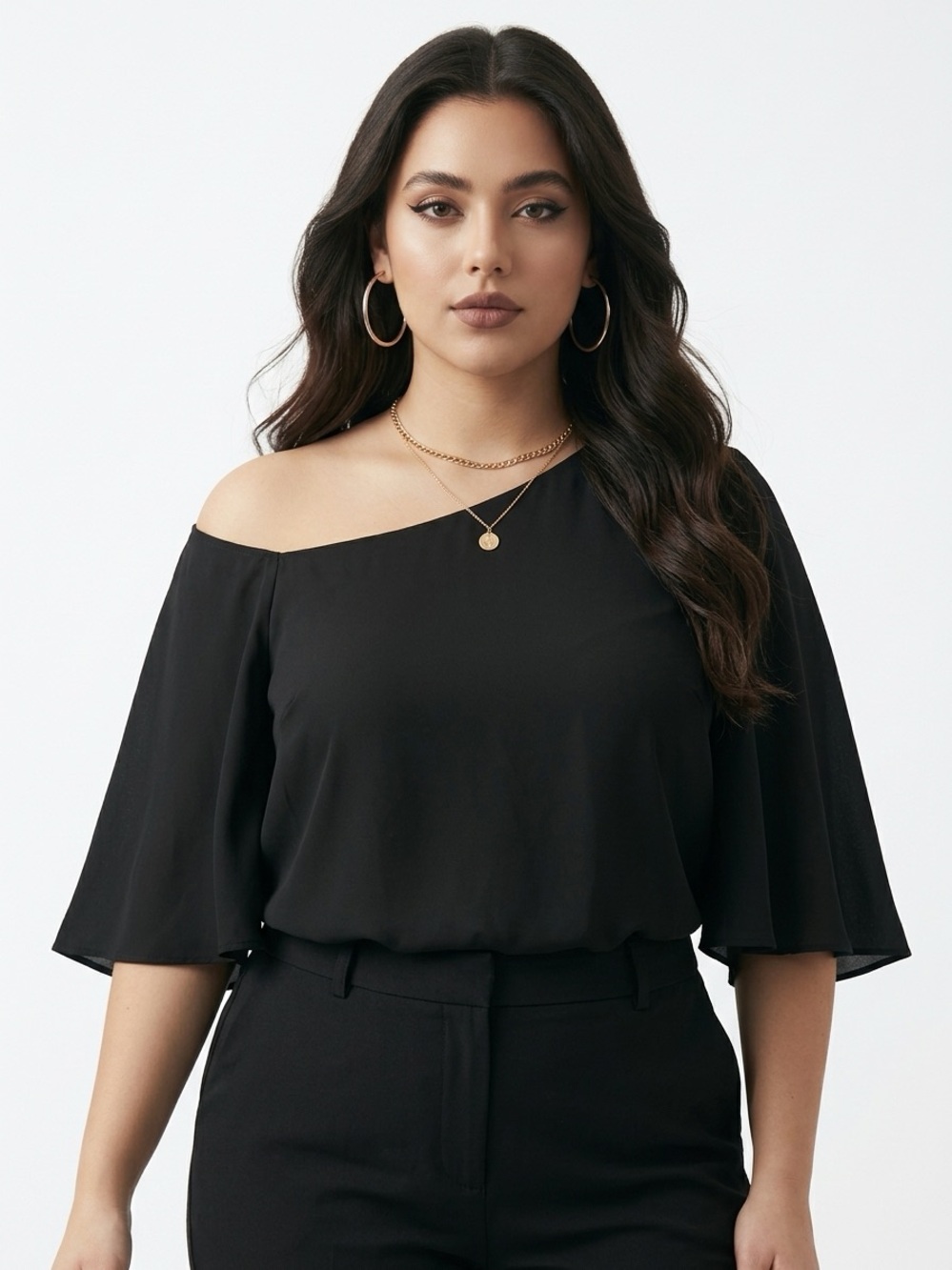 LAFAYETTE 148 NY | Asymmetrical Exposed-Shoulder Black Blouse Women’s Size M
